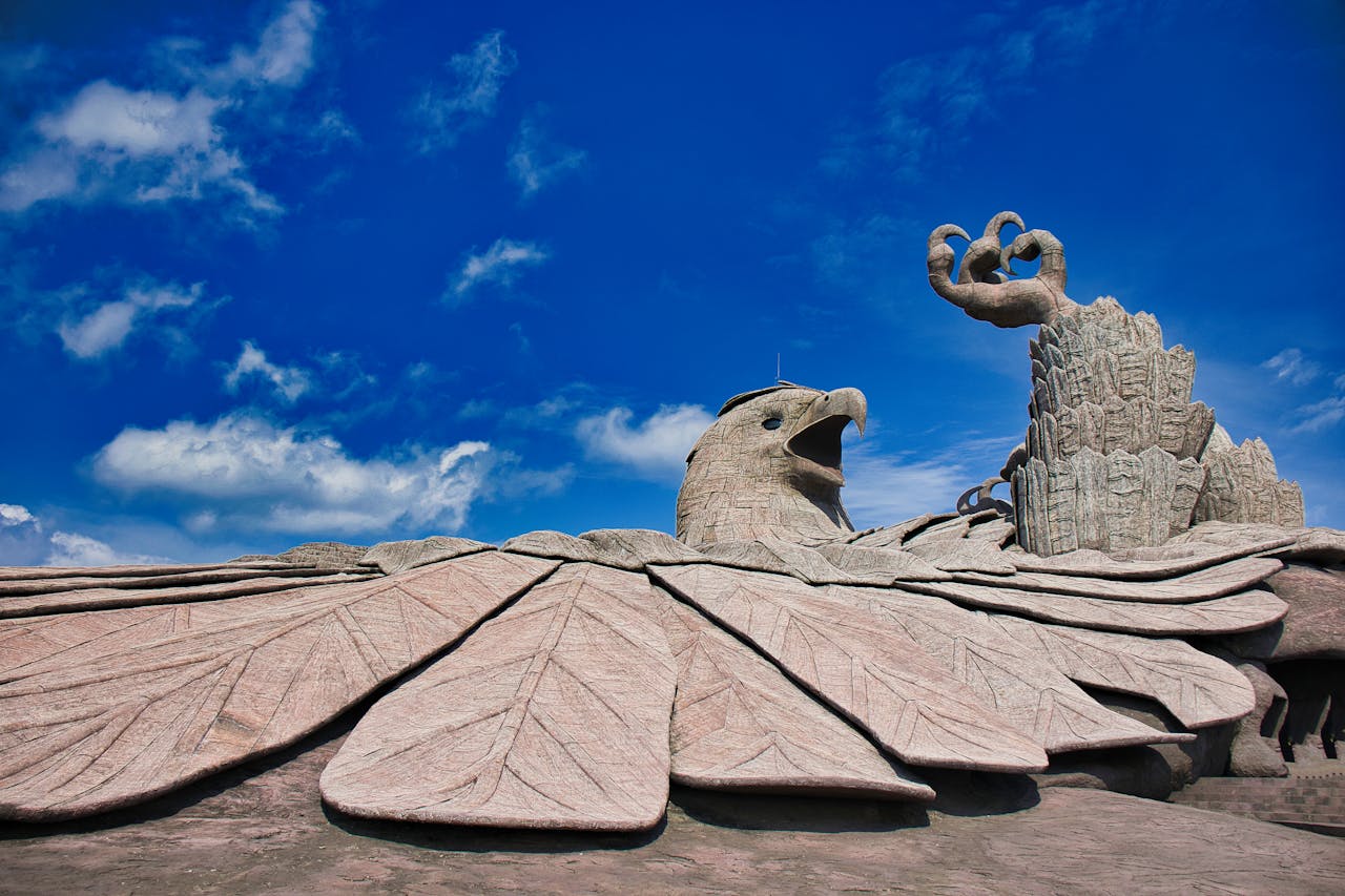 Magnificent Jatayu bird statue at Jatayu Earth’s Center, Kollam, Kerala, symbolizing epic mythology and architectural grandeur.