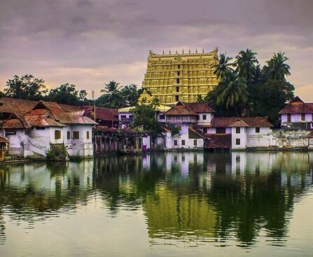 Majestic Sri Padmanabhaswamy Temple with its golden gopuram in Trivandrum, Kerala.