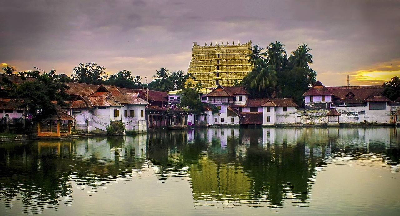 Majestic Sri Padmanabhaswamy Temple with its golden gopuram in Trivandrum, Kerala.